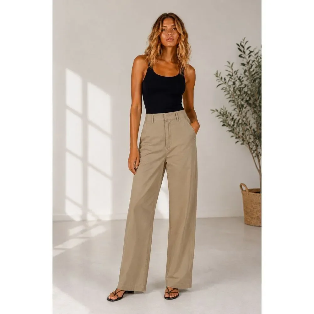 NWT Zara Straight Leg Lightweight Khaki Pants High Rise Stretch Casual Trousers